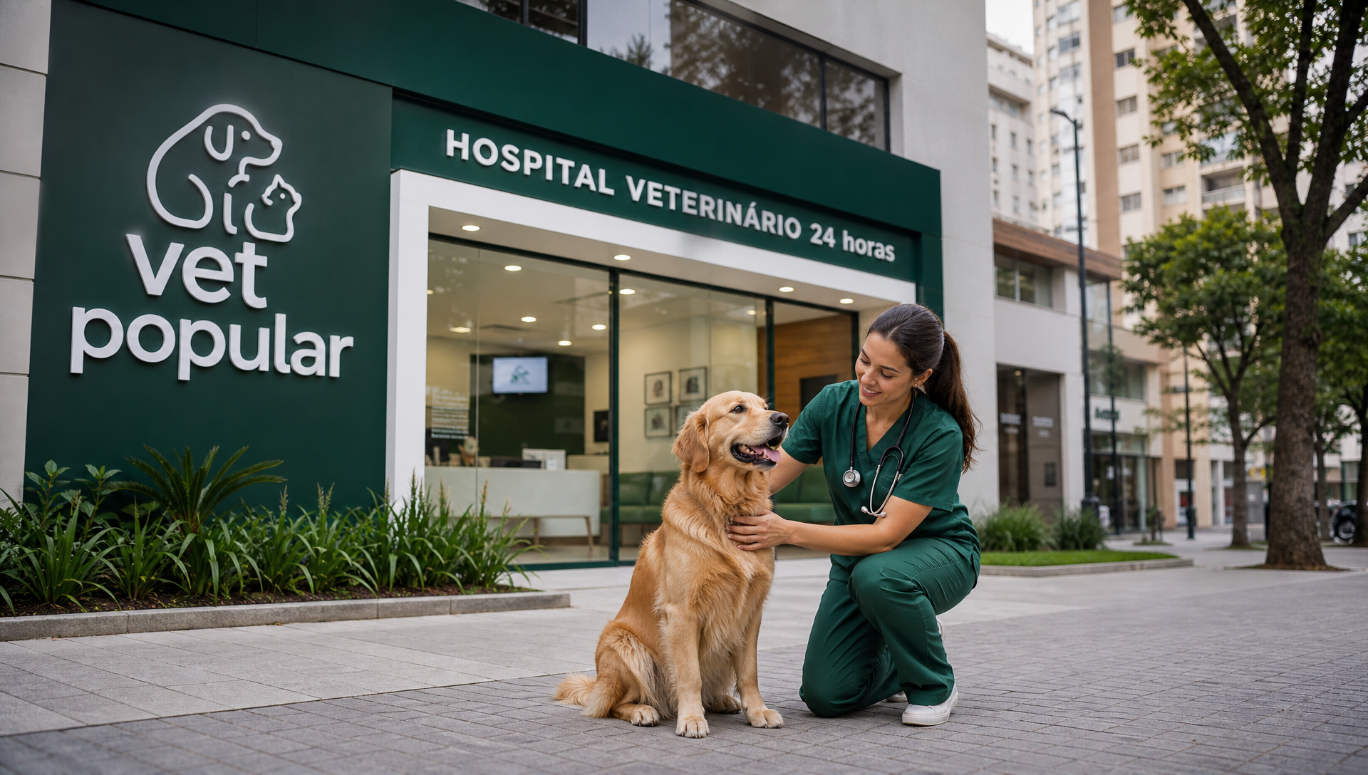 Key visual da campanha Vet Popular com pet sendo atendido no hospital veterinário